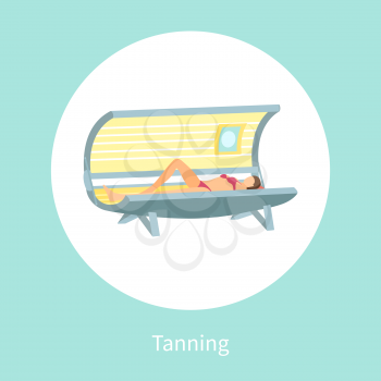 Tanning poster woman lying in indoors tan case and sunbathing under radioactive ultraviolet rays. Banner with female getting brown skin vector in circle