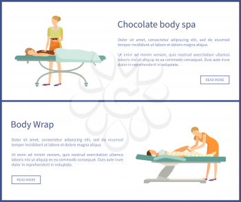 Body chocolate spa and wrap of legs, women lying on table and relaxing. Procedures done by experts in cosmetology in beauty salon, vector web posters