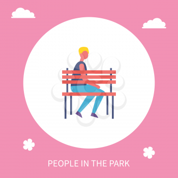 Boy sitting on bench alone in park cartoon banner isolated vector character. Guy in casual clothes having rest on seat, lonely young man outdoors