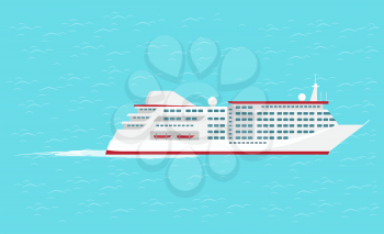 Water transport traveling vessel big comfortable cruise liner for lots of people vector. Sea or ocean trip performed by cozy ship. Travelers safety