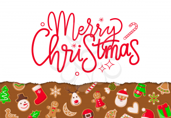 Merry Christmas poster with greeting and signs vector. Santa Claus and pine tree, candy lollipop stick, snowman and reindeer deer animal on cookies