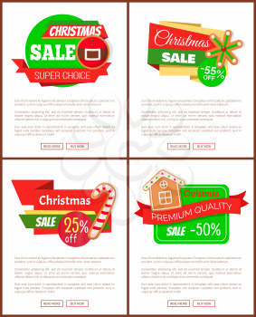 Set of Christmas discount web icons. Sale from 25 to 55 percents and super choice. Price tags with cookies of house and candy, snowflake and belt vector