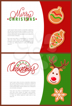 Fresh gingerbread Christmas cookies, holiday treat. Xmas tree decoration, ball and oval shape, deer and snowflake. Winter time traditional snack vector