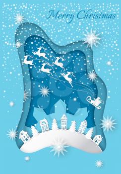 Merry Christmas greeting on card with fairy winter landscape background. Snowy hill with houses and trees, Santa and deers in sky, snowflakes and sparkles