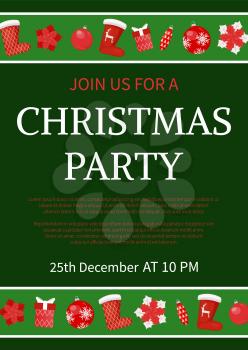 Christmas party celebration invitation with text sample vector. Bauble with snowflake print, present with bow decoration, socks and cone toy star shape