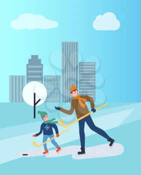 Hockey training of man and child, father and son vector. People spending time outdoors, daddy teaches child winter sports, hobby practicing outdoors