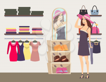 Woman shopping in boutique, trying on fashionable hat vector. Handbags on shelves and dresses on hangers. Clothes and accessories shop for ladies