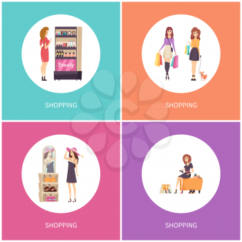 Shopping customers walking with dog pet posters set vector. Choosing hat headwear with price tags, wearing shoes. Beauty stand with cosmetics makeup