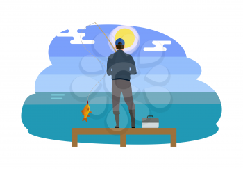 Man standing on wooden pier with tackle box. Person wearing waders high wellingtons. Fisherman catching fish watching sun in sky vector illustration