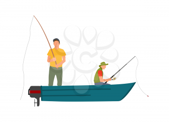 Two fishermen with fishing rods on blue motor boat cartoon vector illustration. Bright clothed standing and sitting men color model fishery poster.