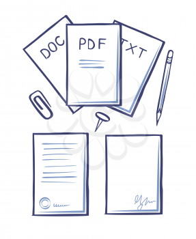 Office papers and pages with signature vector. Pencil with eraser, clip for documents, pdf and txt, doc files. Monochrome sketches outline icons set