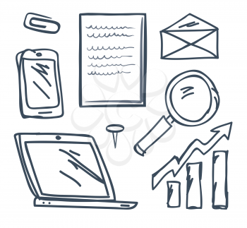 Office pin and paperclip, mobile phone and increasing pointer isolated icons vector. Monochrome sketches outline, magnifying glass tool and envelope