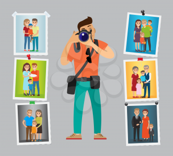 Family photographer with digital camera taking photo. Man making pictures of parents, grandparents and children. Samples of his work hanging on wall vector