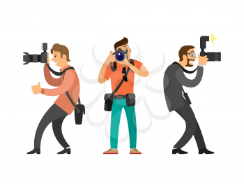 Photographers or paparazzi with digital cameras. Men taking picture, hobby and profession, modern device for photo shooting vector illustrations set.