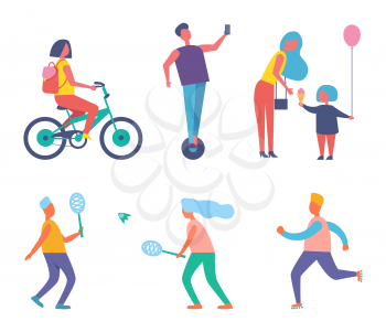 Biker woman with rucksack on back isolated icons vector. Mother and child eating ice cream, people playing tennis. Running jogging male, keeping fit