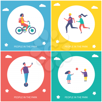 Children playing games in park isolated cartoon vector banner set. Girl riding by bicycle, boy on unicycle and guys running and having fun outdoor