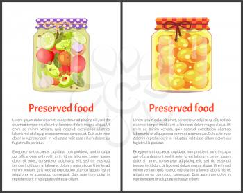 Preserved food info posters, fruits or vegetables. Apricots in juice and marinated tomatoes with cucumbers inside jars banners vector illustrations.