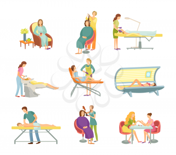 Procedures in spa and beauty salon isolated vector set. Specialist in uniform and rubber gloves and client on armchair or table, manicure and pedicure