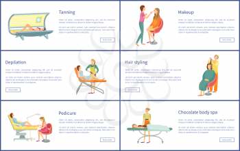 Tanning and makeup, depilation and hair styling posters with text sample set vector. Webpages of pedicurist and chocolate body spa, wax epilation