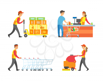 Supermarket working people and client with basket vector. Cashier and customer buying food, worker with shopping trolleys and loader with containers