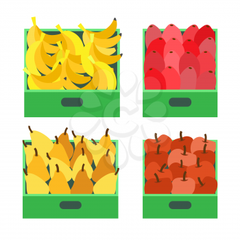 Banana fruit tropical food ripe apples set vector. Pears and beetroots in containers ready for transportation. Fresh organic meal rich in vitamins
