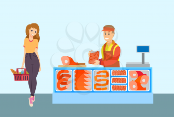 Supermarket butchers department and client holding basket with bought food vector. Male seller with sausages, pork and meat steaks, barbequed meal