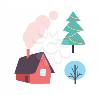 Decorated Christmas tree, winter plant icon and country house with chimney and smoke from pipe vector isolated. Cottage with window and door, rural home