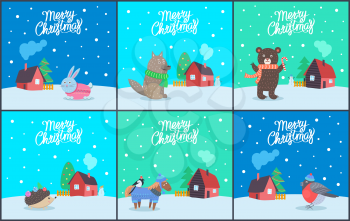 Merry Christmas poster with animals set vector. Bunny wearing knitted sweater, hedgehog with balls on needles. Wolf and bear, horse and bullfinch