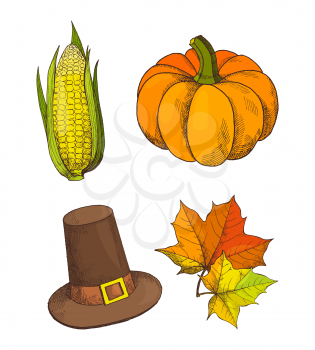 Pumpkin vegetable and hat cap to wear on head isolated icons set vector. Male foliage, autumnal leaves flora of trees. Sweet corn unprepared food