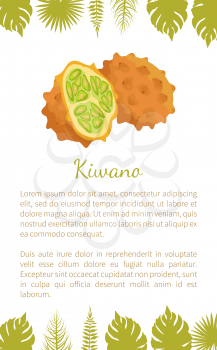 Kiwano exotic juicy fruit vector poster text sample and palm leaves. Cucumis metuliferus, African horned cucumber or jelly melano. Tropical edible food