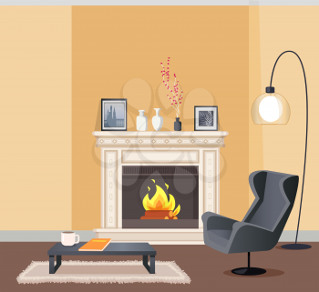 Room in corporeal color of wallpaper with lump. Coffee table with cup and notebook and armchair, burning fireplace decorated with vase and pictures vector