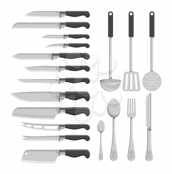 Kitchen cutlery knives and spatula, spoons and forks vector. Isolated icons set with handles and sharp blades, dishware cooking items for food preparation