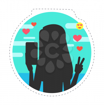 World blogger day woman taking selfies isolated icon vector. Lady making gesture peace sign, holding phone in hand, hearts and smileys likes adorations