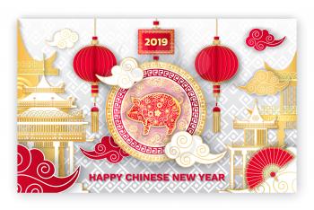 Happy Chinese New Year 2019 piglet symbol sign vector. Piglet with flora in circle, clouds and hand fan, architecture of Asia and Eastern countries