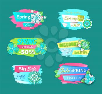 Spring big sale, new offer discounts with blooming flowers. Vector isolated price tag with springtime plants and half cost reduction, stickers icons