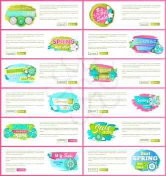 Set of web pages with promo posters, promotion of springtime discounts vector. Best prices, online sites with text sample, blooming flowers and price off