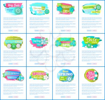 Web pages with sale advertisements templates. Vector sites mockups with spring sale labels, blooming flowers and discounts, text sample on shopping vouchers