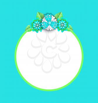 Round frame with green line and flowers with spare place for text, banner in flat style. Paper empty card decorated by blossom and leaves on blue vector
