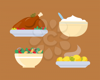 Chicken and warm potatoes, fresh salad from vegetables on plates vector icons. Holiday dishes in flat style isolated on brown. Set of colorful food