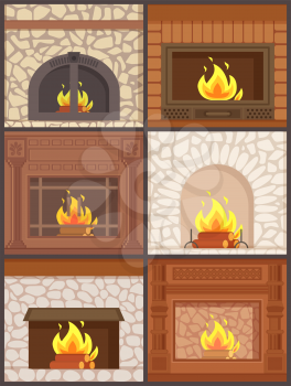 Fireplace wooden and stone paved furnaces set vector. Burning logs and wood inside, opened and closed types of heating system of house in wintertime