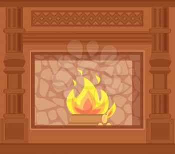 Fireplace with carved wooden decoration of sides vector. Closeup of wood logs in fire, flames in furnace with stone paved backing heating house system