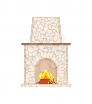 Fireplace with long chimney paved in stone isolated icon vector. Shelf for items, rounded shape of stove with open area, fire flames and wooden logs