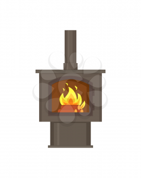 Fireplace with fire burning inside with pipe, tube vector. Isolated icon of fire, decoration of home wooden logs and decor of house metal interior