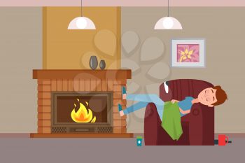 Person covered with blanket sleeping by fireplace vector, Teenage boy on armchair resting by warmth, picture on wall, cup with coffee beverage and lamps