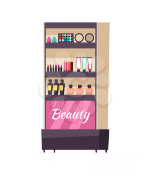 Beauty stand cosmetics and production isolated icon vector. Makeup and tubes, lotions and creams, powder and palette. Foundation and skin care product