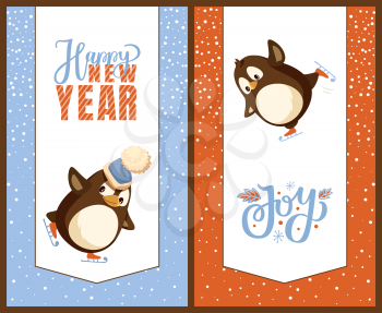Happy New Year greeting cards, penguins on skates. Bird in hat with bubo skating on ice rink, winter time joy, Christmas holiday celebration vector
