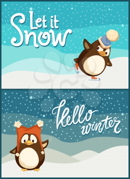 Merry Christmas hello winter let it snow posters set vector. Animal wearing warm knitted hat with fluffy cloth, snowfall weather character on snowy lands