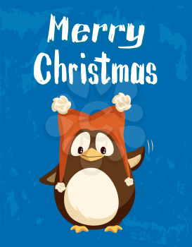 Merry Christmas greeting card, penguin in funny hat waving with wing. Arctic bird in funny headdress with buboes, New Year holiday postcard vector