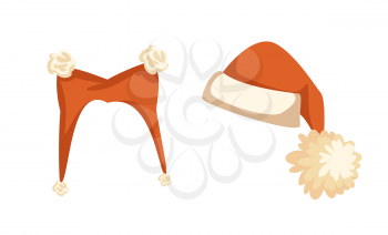Orange hat with two pompons and cap with big furry ball in flat style isolated on white. Set of Santa headdress, part of winter holiday costume vector