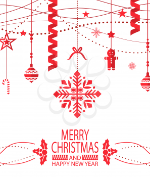 Merry Christmas and happy New Year greeting poster vector. Mistletoe and gingerbread man, confetti and star shaped toys, decoration of home xmas symbols